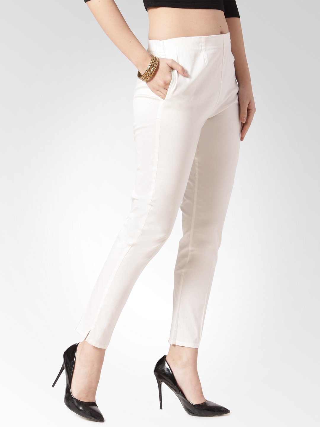 Women's Off White Smart Slim Fit Solid Regular Trousers - Jompers