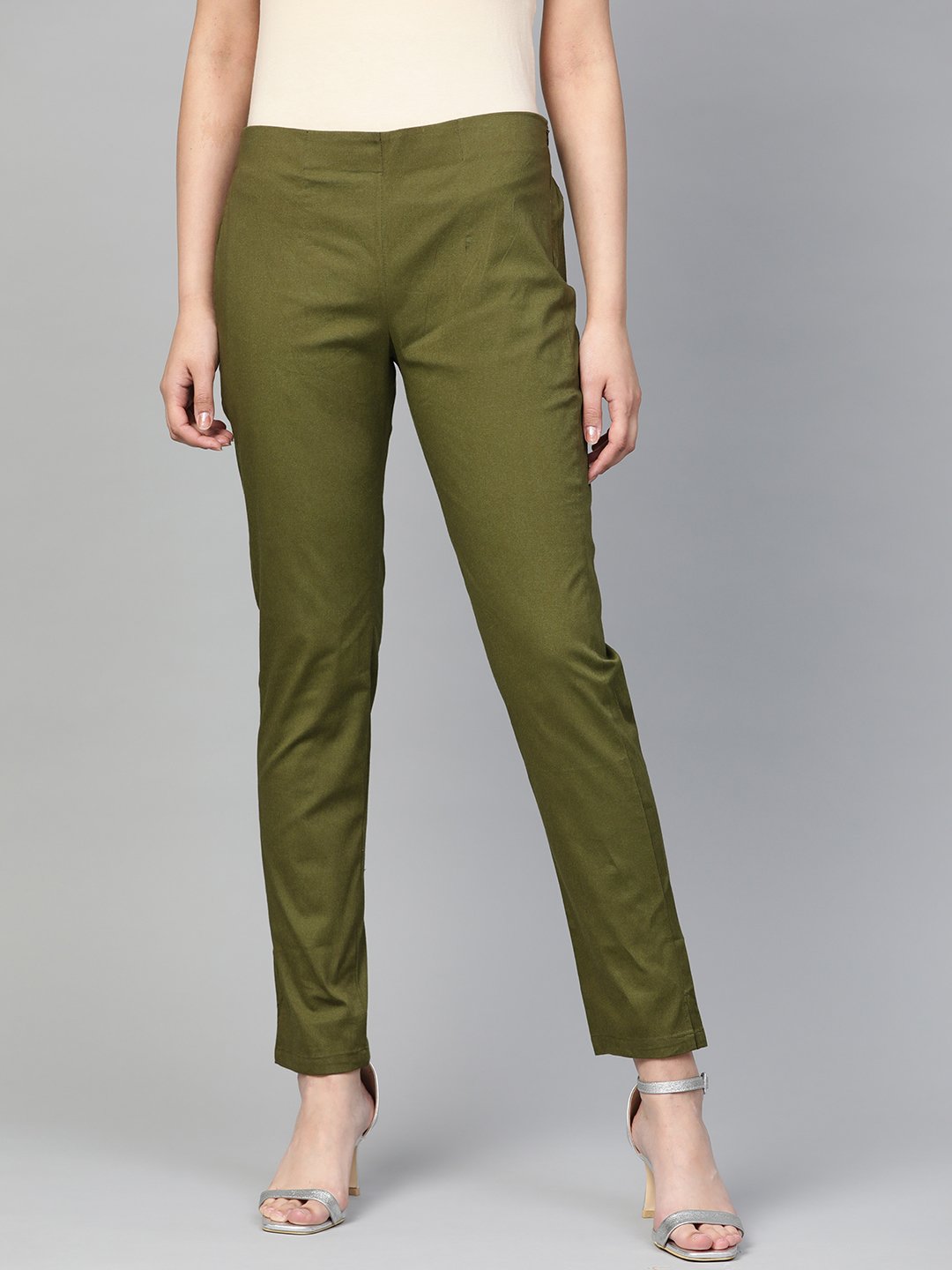 Women's Olive Green Smart Slim Fit Solid Regular Trousers