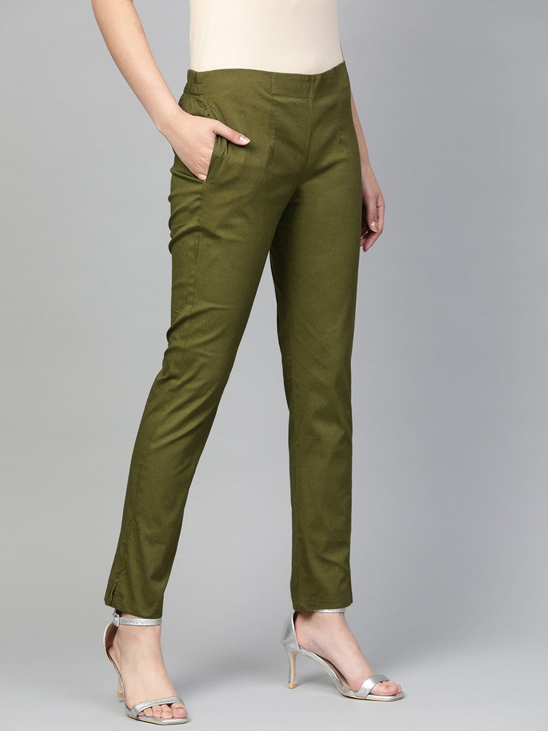 Women's Olive Green Smart Slim Fit Solid Regular Trousers