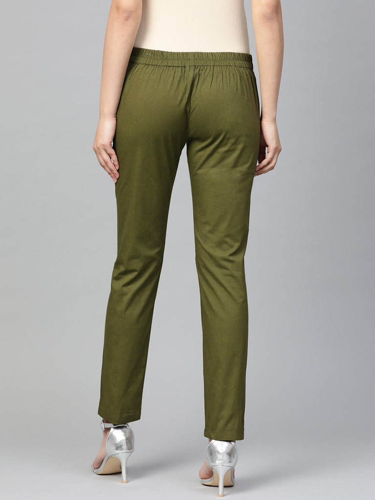 Women's Olive Green Smart Slim Fit Solid Regular Trousers