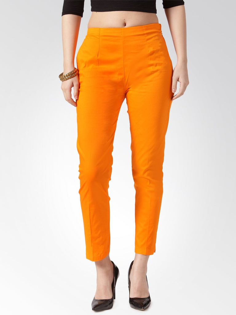 Women's Orange Smart Slim Fit Solid Regular Trousers
