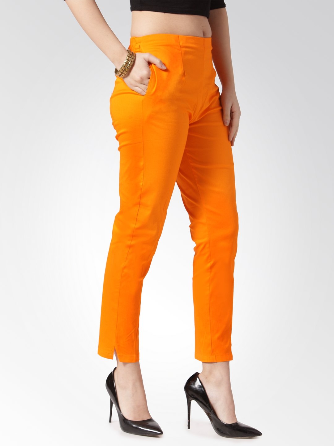 Women's Orange Smart Slim Fit Solid Regular Trousers