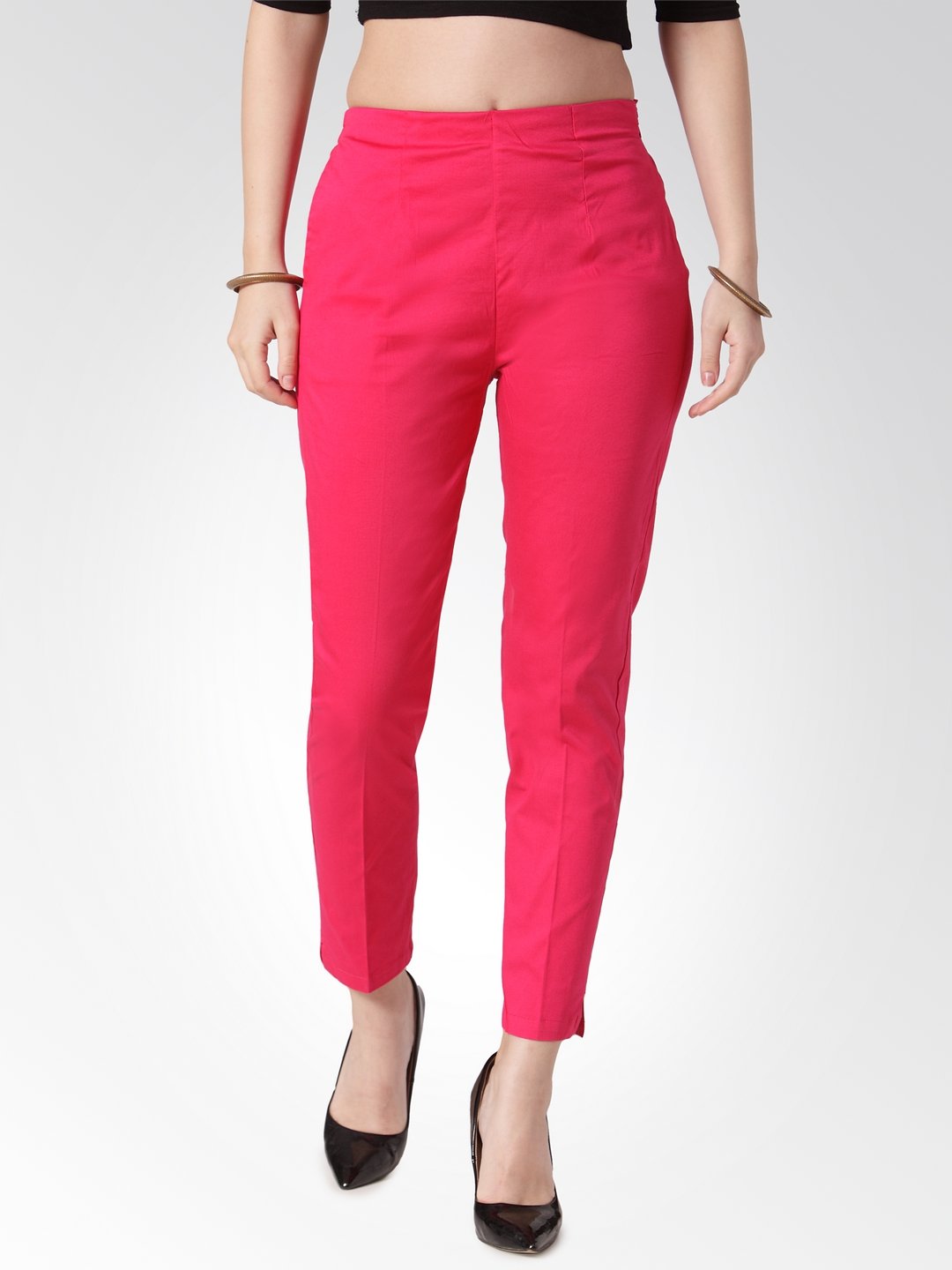 Women's Pink Smart Slim Fit Solid Regular Trousers