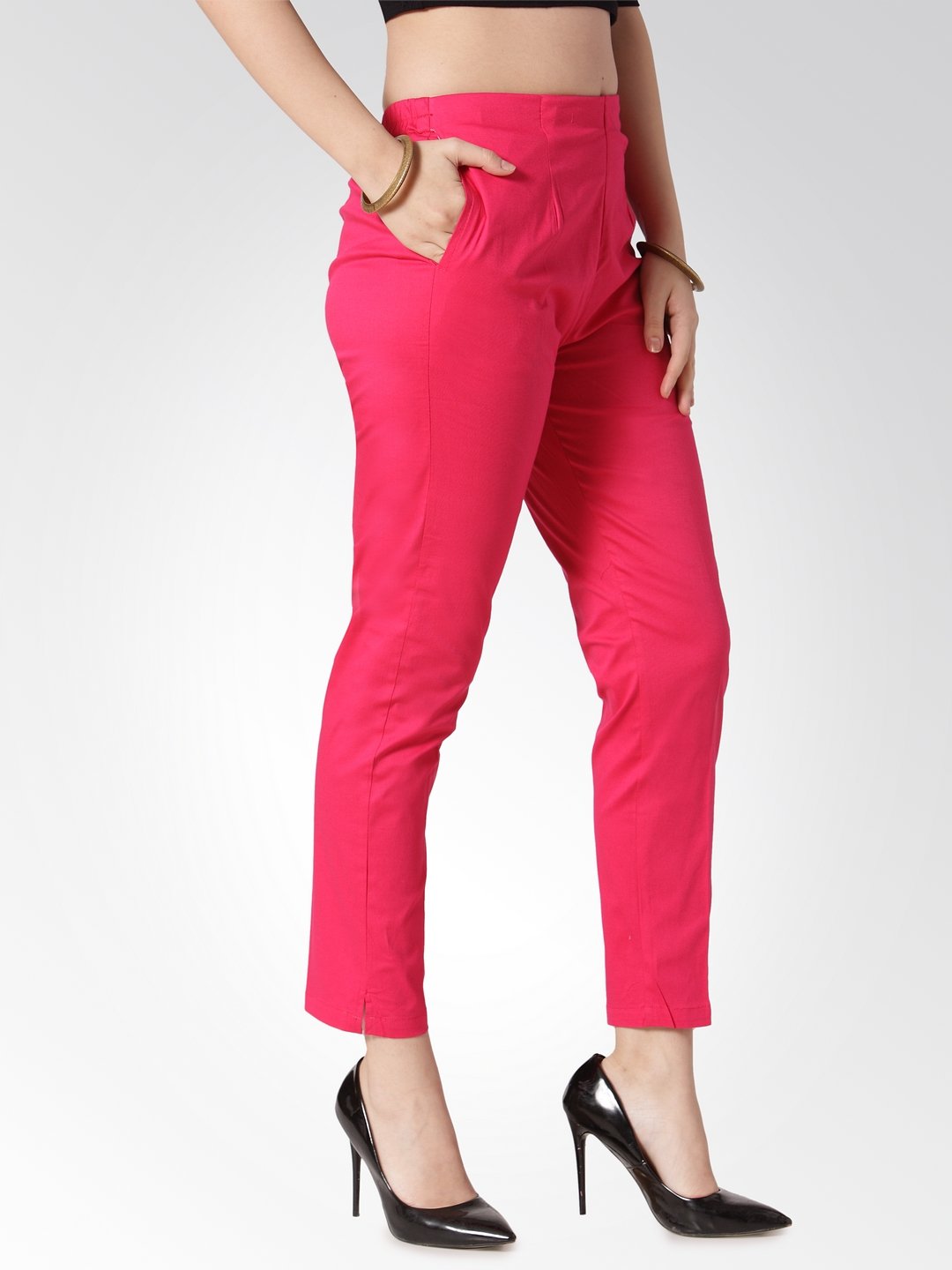 Women's Pink Smart Slim Fit Solid Regular Trousers