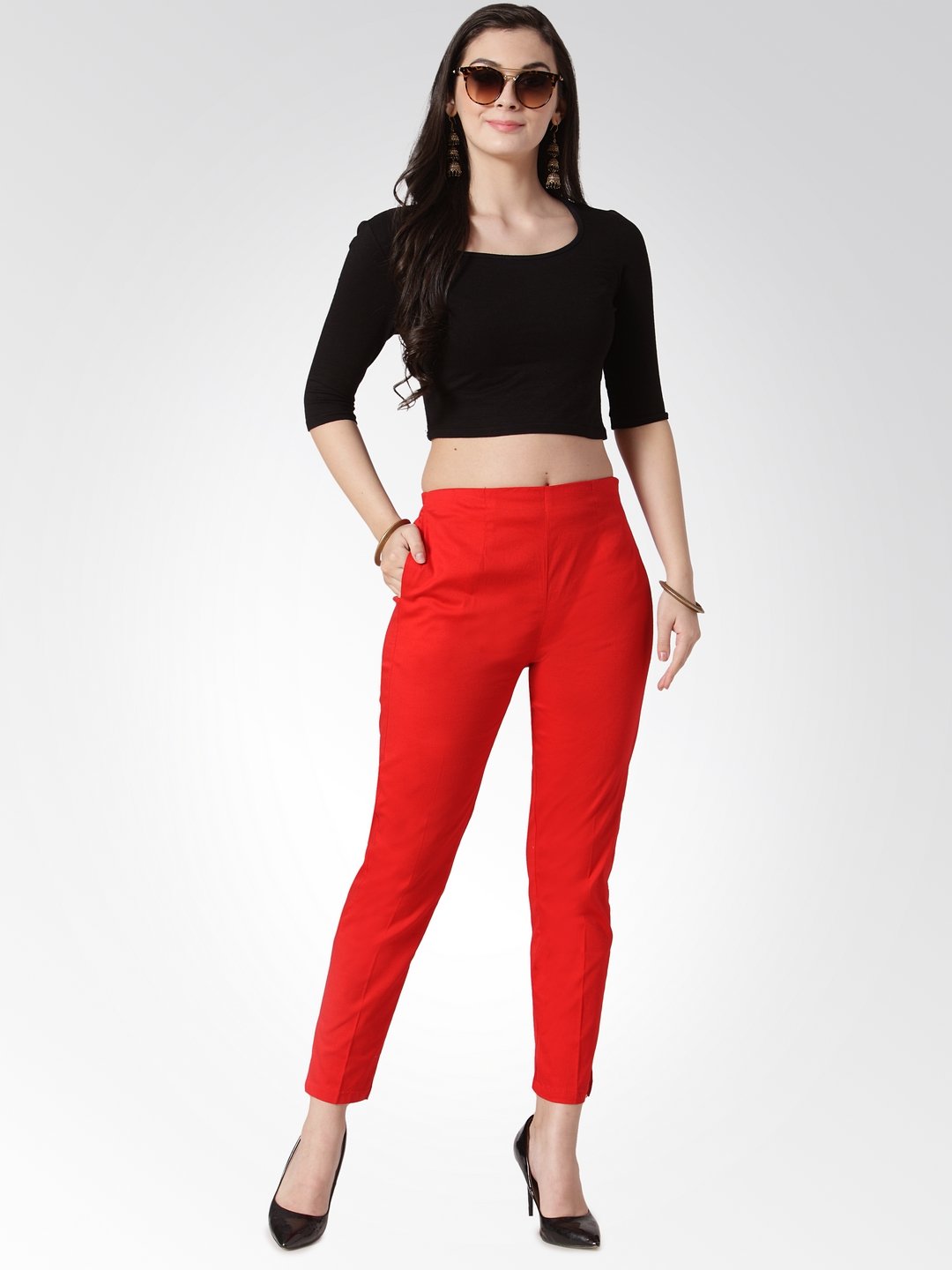 Women's Red Smart Slim Fit Solid Regular Trousers - Jompers