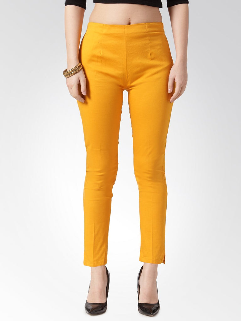 Women's Mustard Smart Slim Fit Solid Regular Trousers