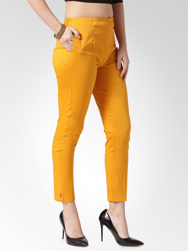 Women's Mustard Smart Slim Fit Solid Regular Trousers