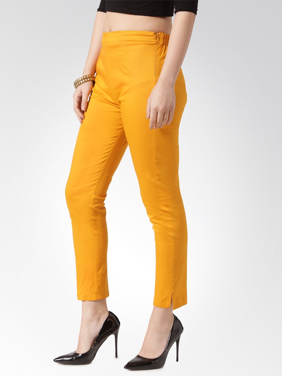 Women's Mustard Smart Slim Fit Solid Regular Trousers - Jompers