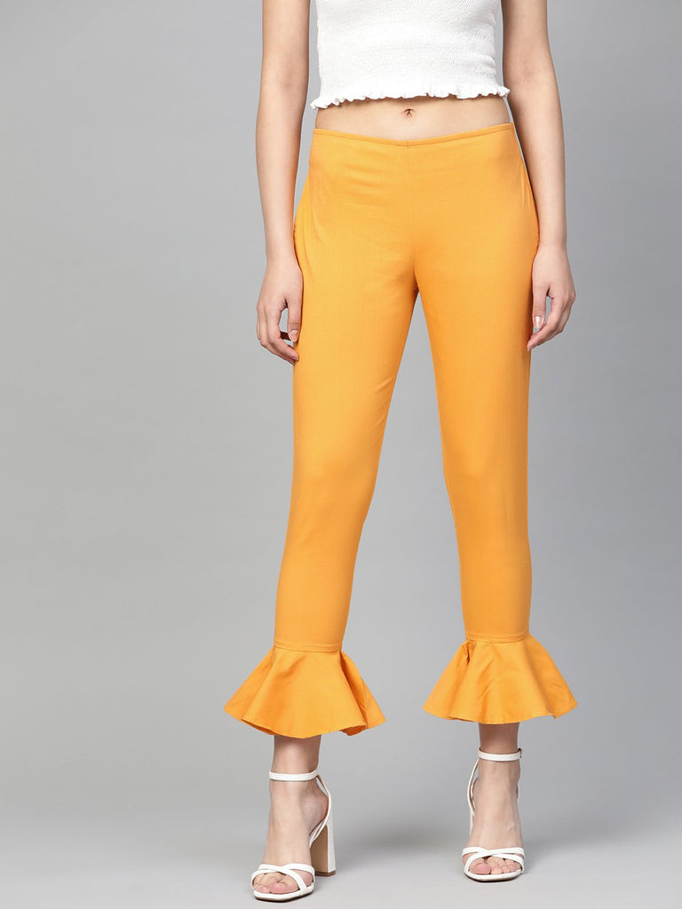 Women's Mustard Smart Fit Solid Bottom Flared Trousers