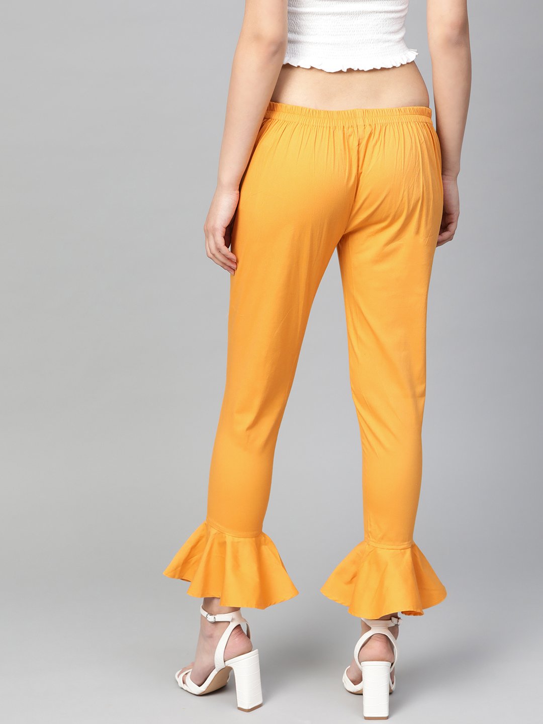 Women's Mustard Smart Fit Solid Bottom Flared Trousers - Jompers