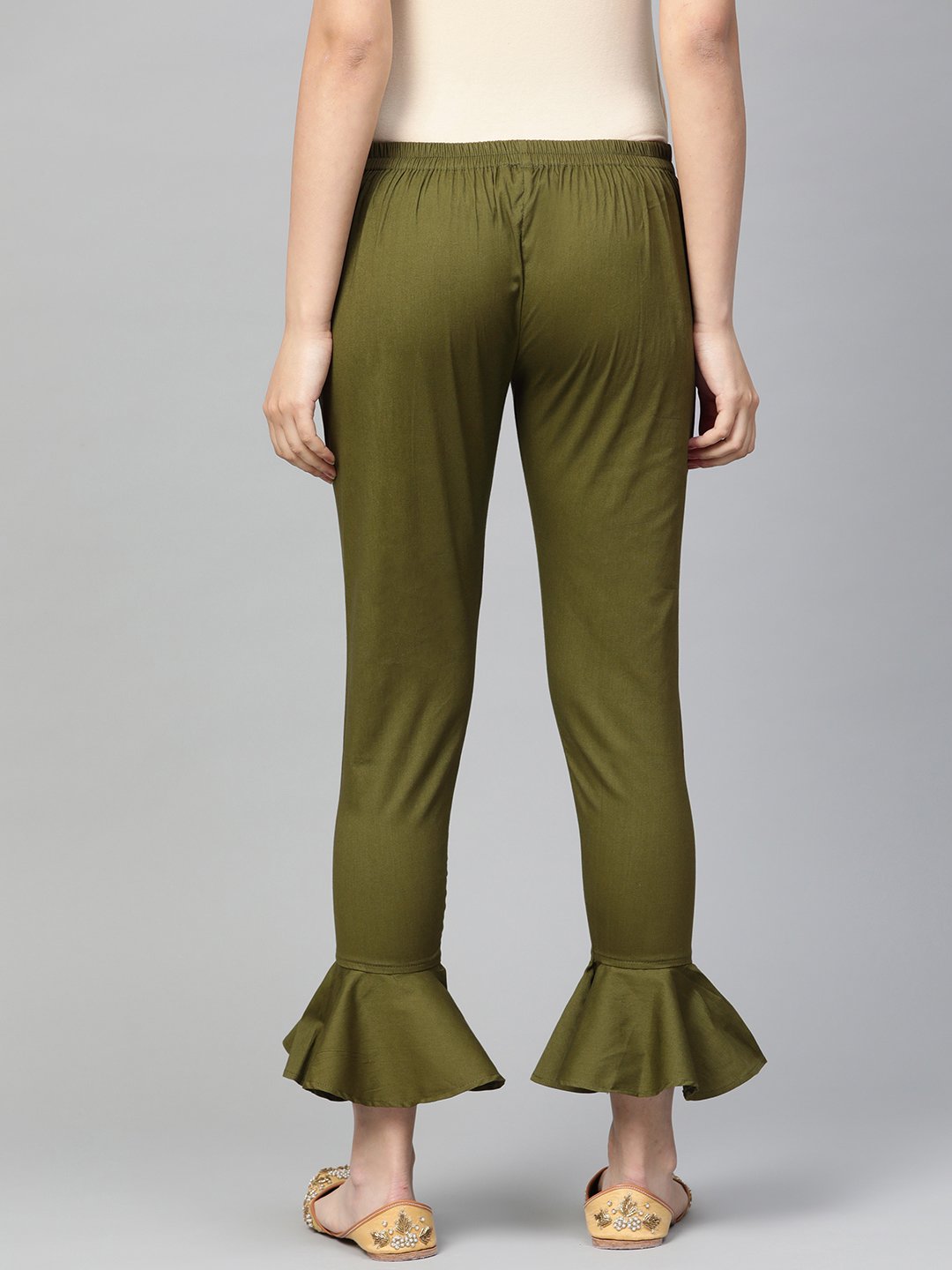 Women's Olive Green Smart Fit Solid Bottom Flared Trousers - Jompers