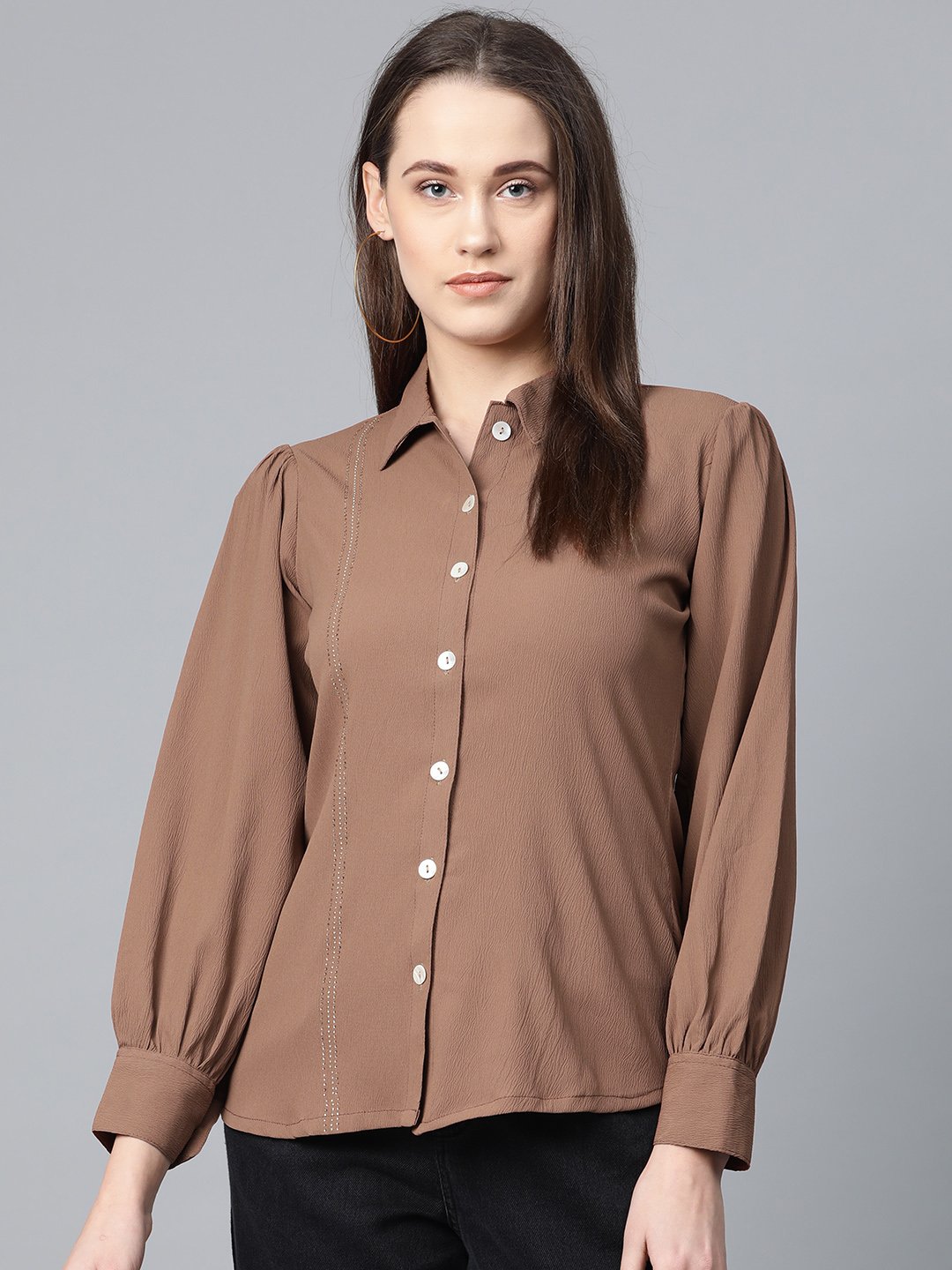 Women's Brown Regular Fit Crinkled Effect Casual Shirt - Jompers
