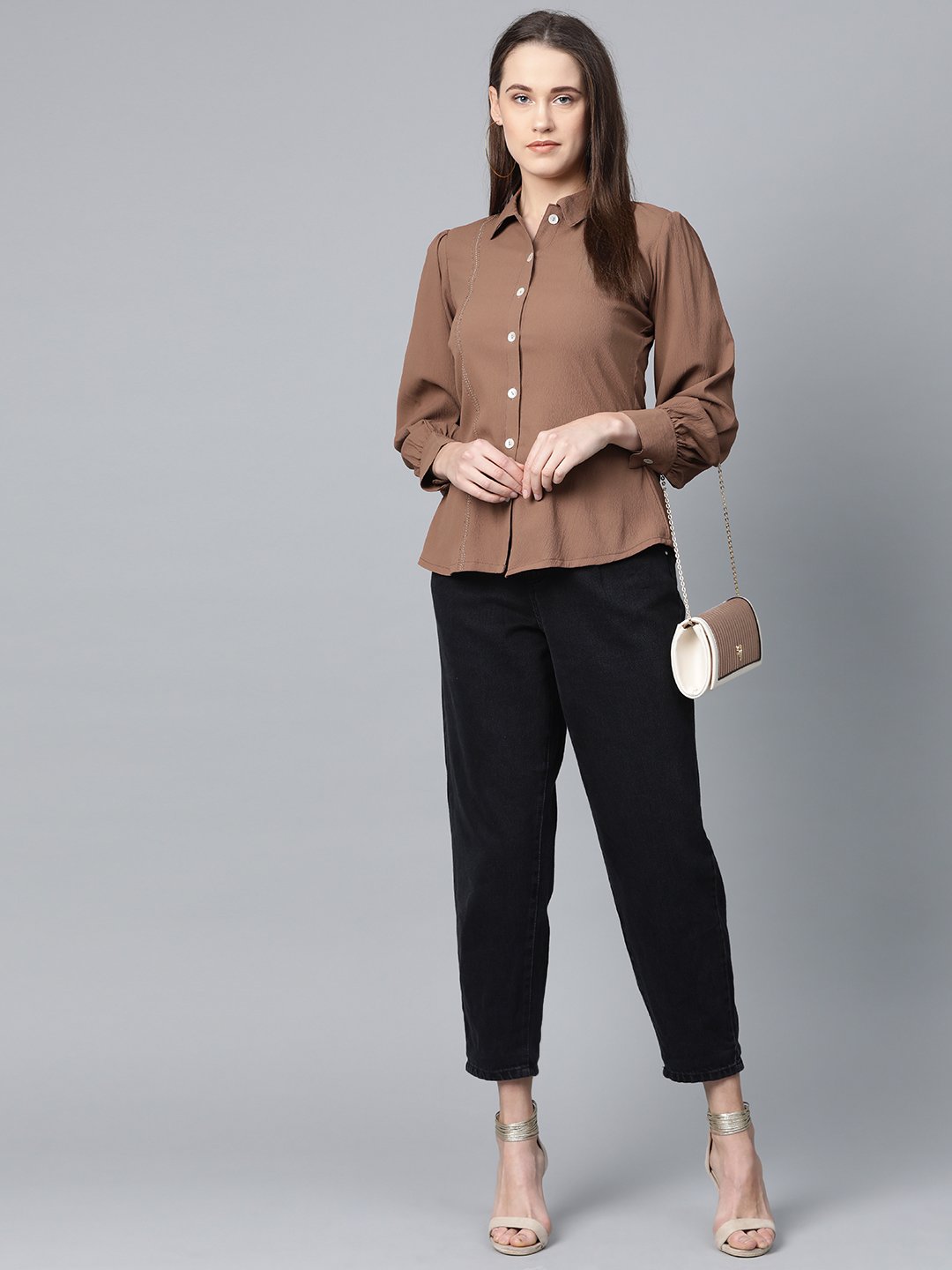 Women's Brown Regular Fit Crinkled Effect Casual Shirt - Jompers