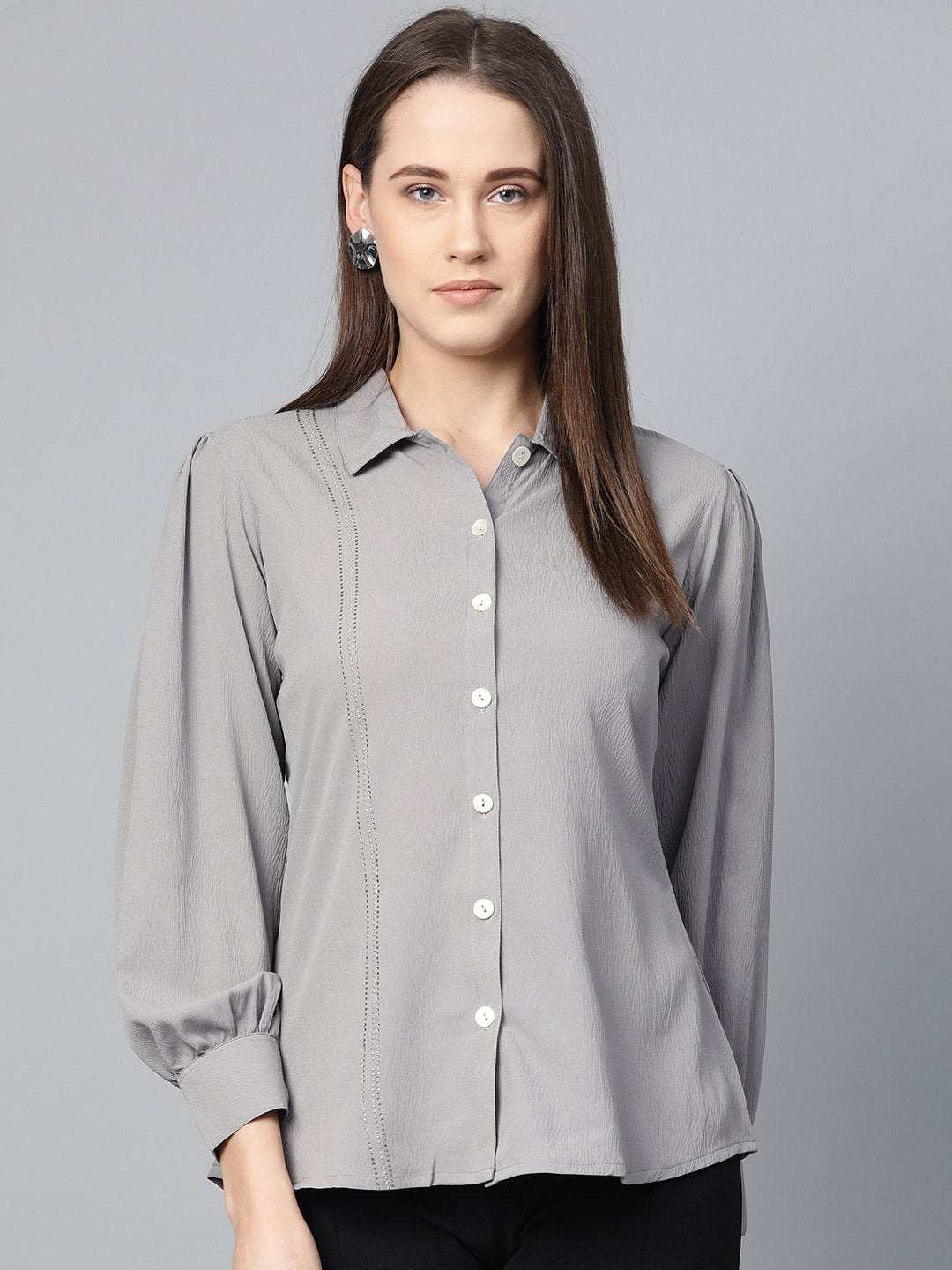 Women's Grey Regular Fit Crinkled Effect Casual Shirt - Jompers