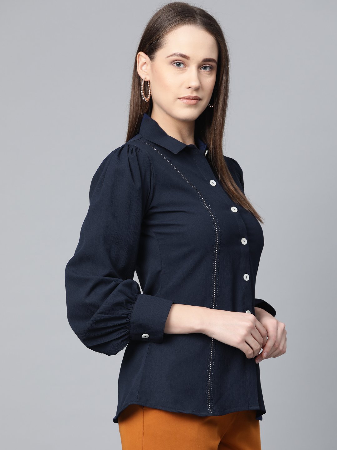 Women's Navy Blue Regular Fit Crinkled Effect Casual Shirt - Jompers