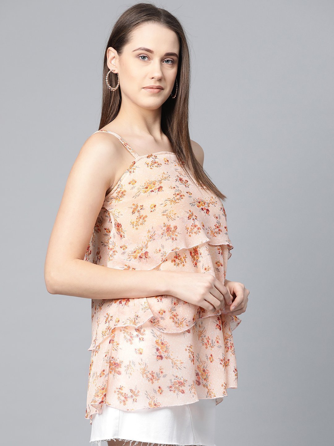 Women's Peach Coloured & Grey Printed Tiered Top - Jompers