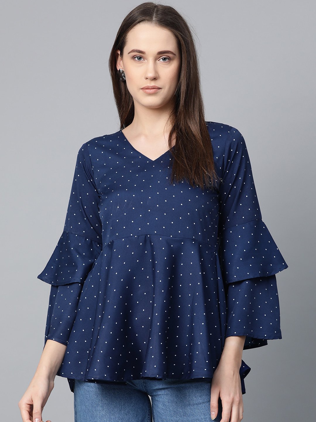 Women's Navy Blue & White Printed A Line Top - Jompers