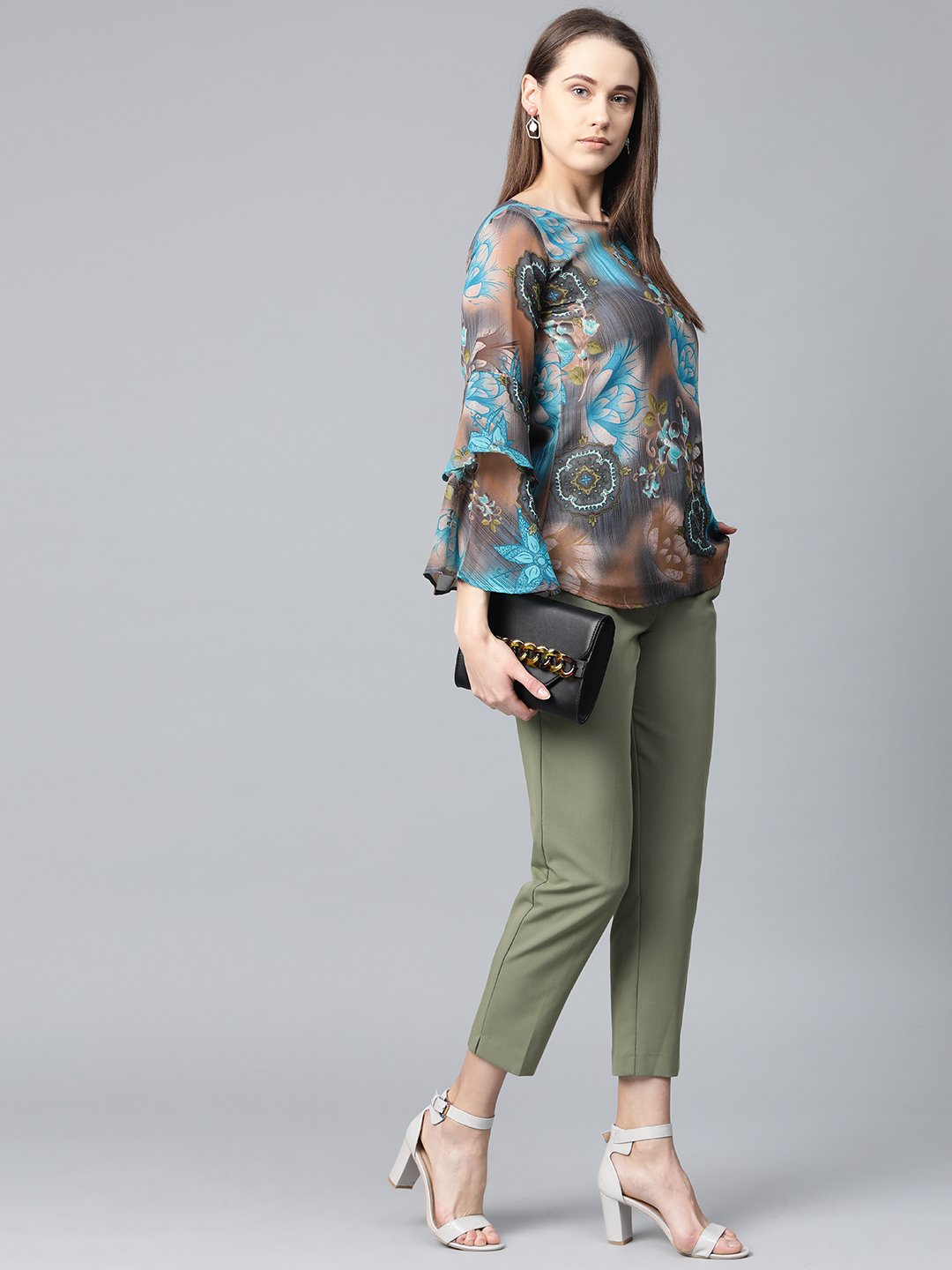 Women's Grey & Blue Printed Top