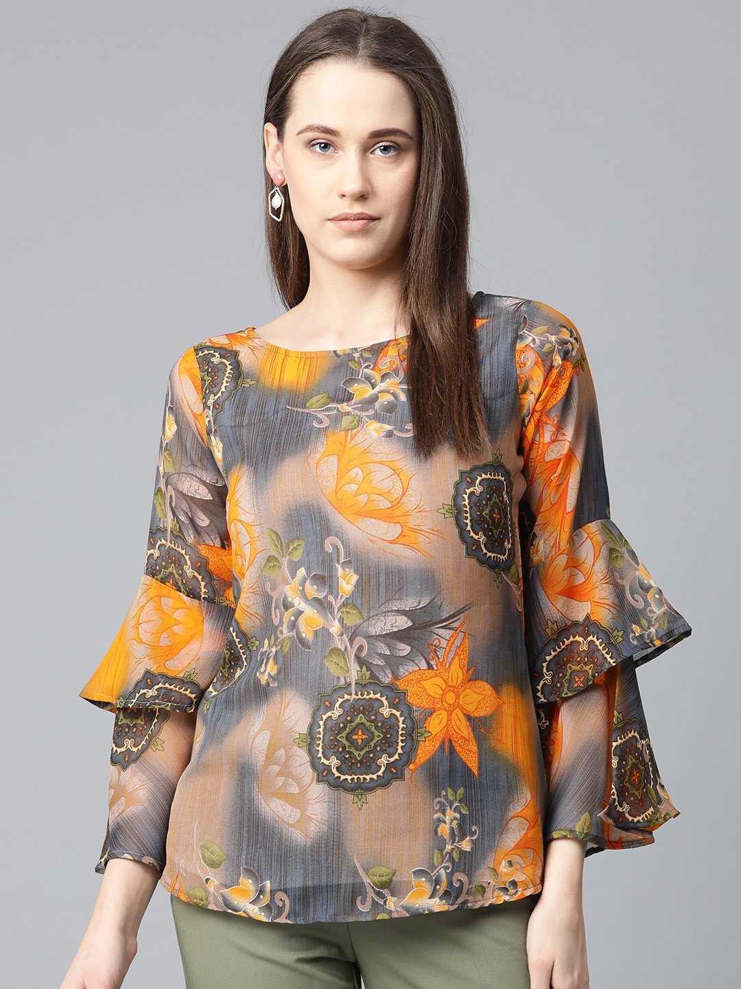 Women's Grey & Mustard Printed Top