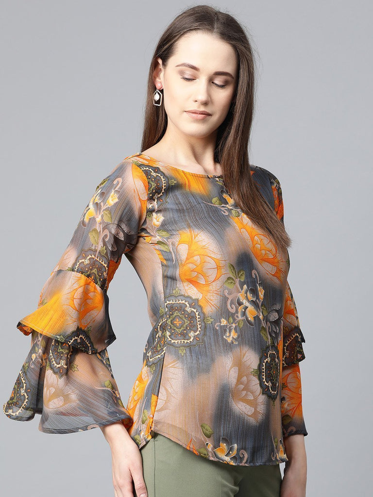 Women's Grey & Mustard Printed Top