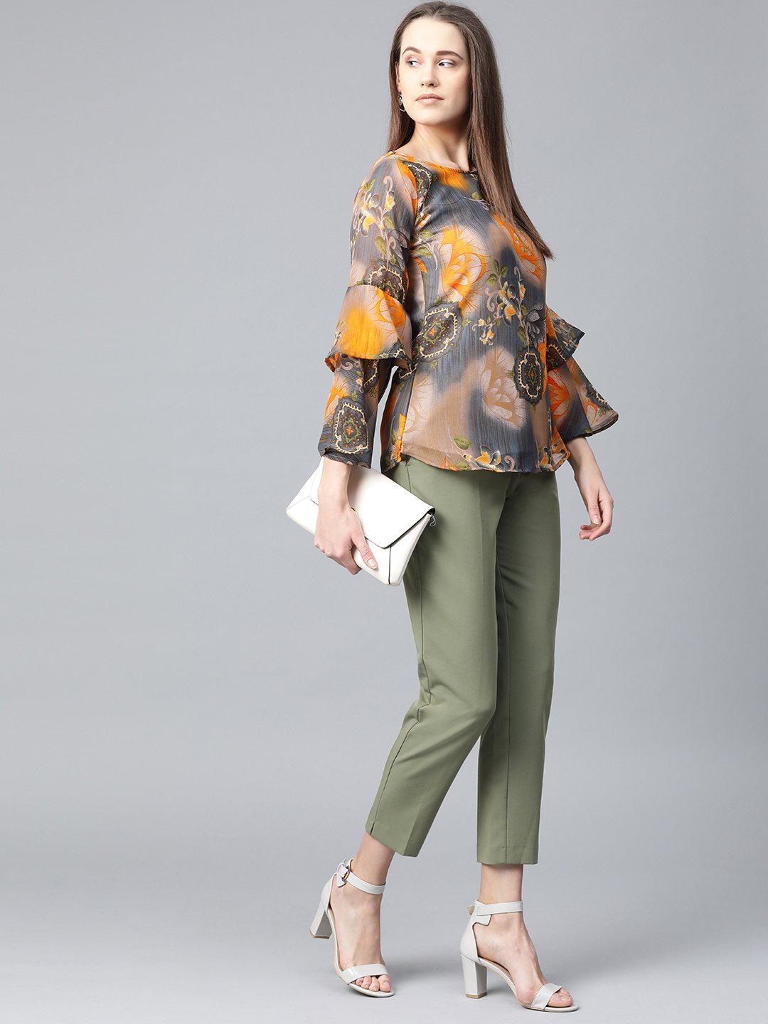 Women's Grey & Mustard Printed Top