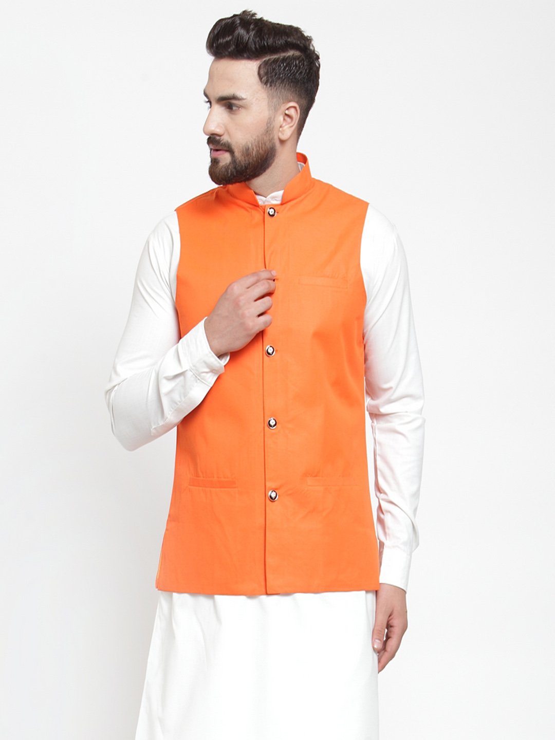 Men's Orange Solid Nehru Jacket ( JOWC 4002 Orange) - Virat Fashions