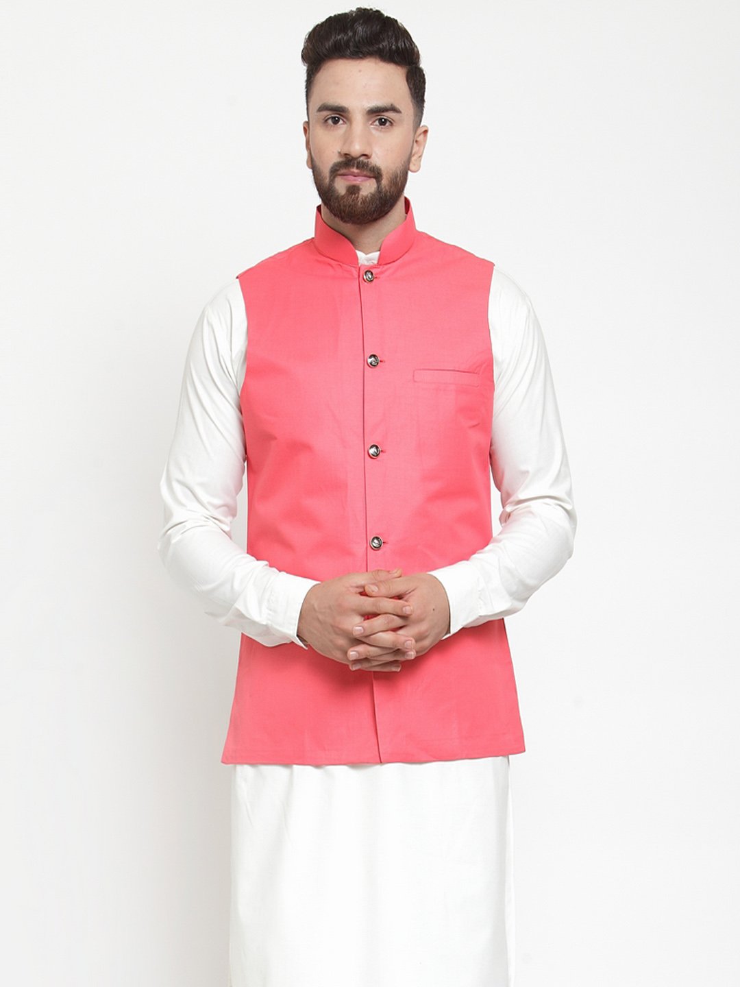 Men's Peach Solid Nehru Jacket ( JOWC 4002 Peach) - Virat Fashions