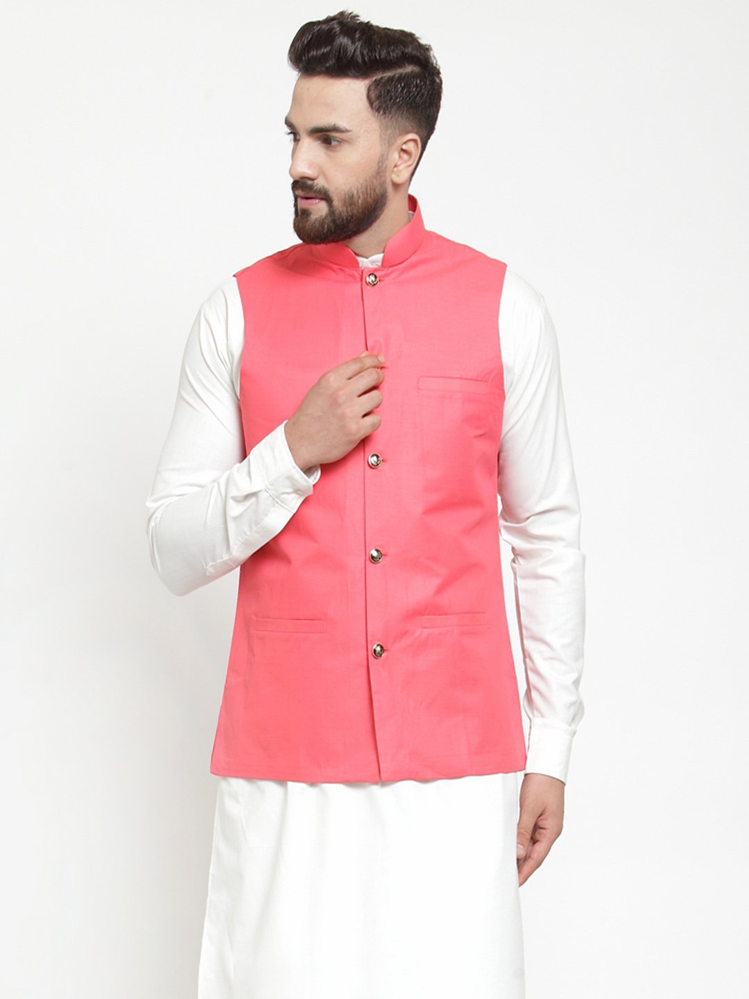 Men's Peach Solid Nehru Jacket ( JOWC 4002 Peach) - Virat Fashions
