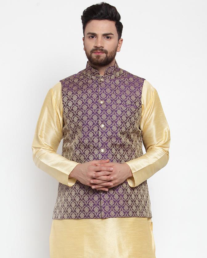 Men's Purple-Coloured & Golden Woven Design Nehru Jacket ( JOWC 4005 Purple) - Virat Fashions