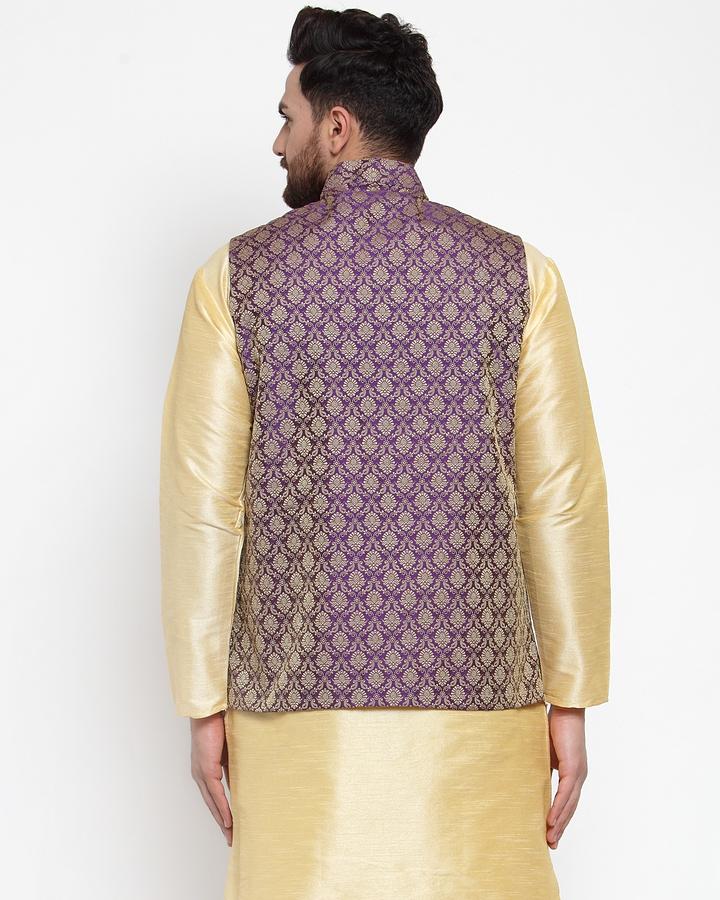 Men's Purple-Coloured & Golden Woven Design Nehru Jacket ( JOWC 4005 Purple) - Virat Fashions
