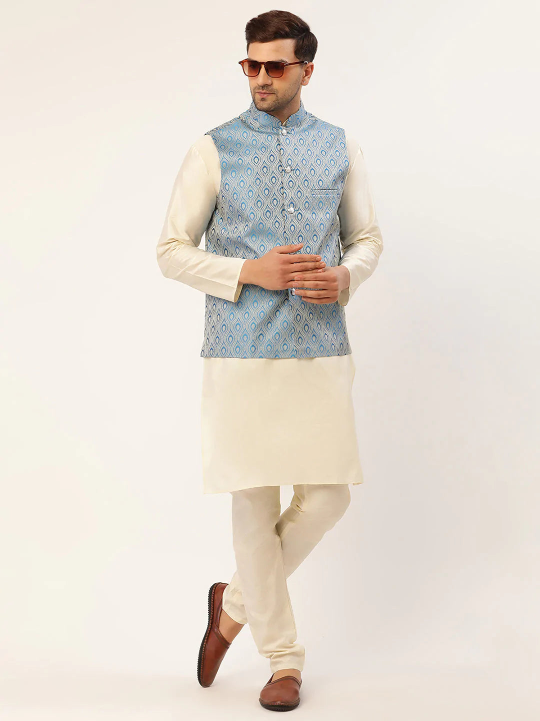 Men's Sky Blue Woven Design Nehru Jacket ( JOWC 4006 Sky ) - Virat Fashions