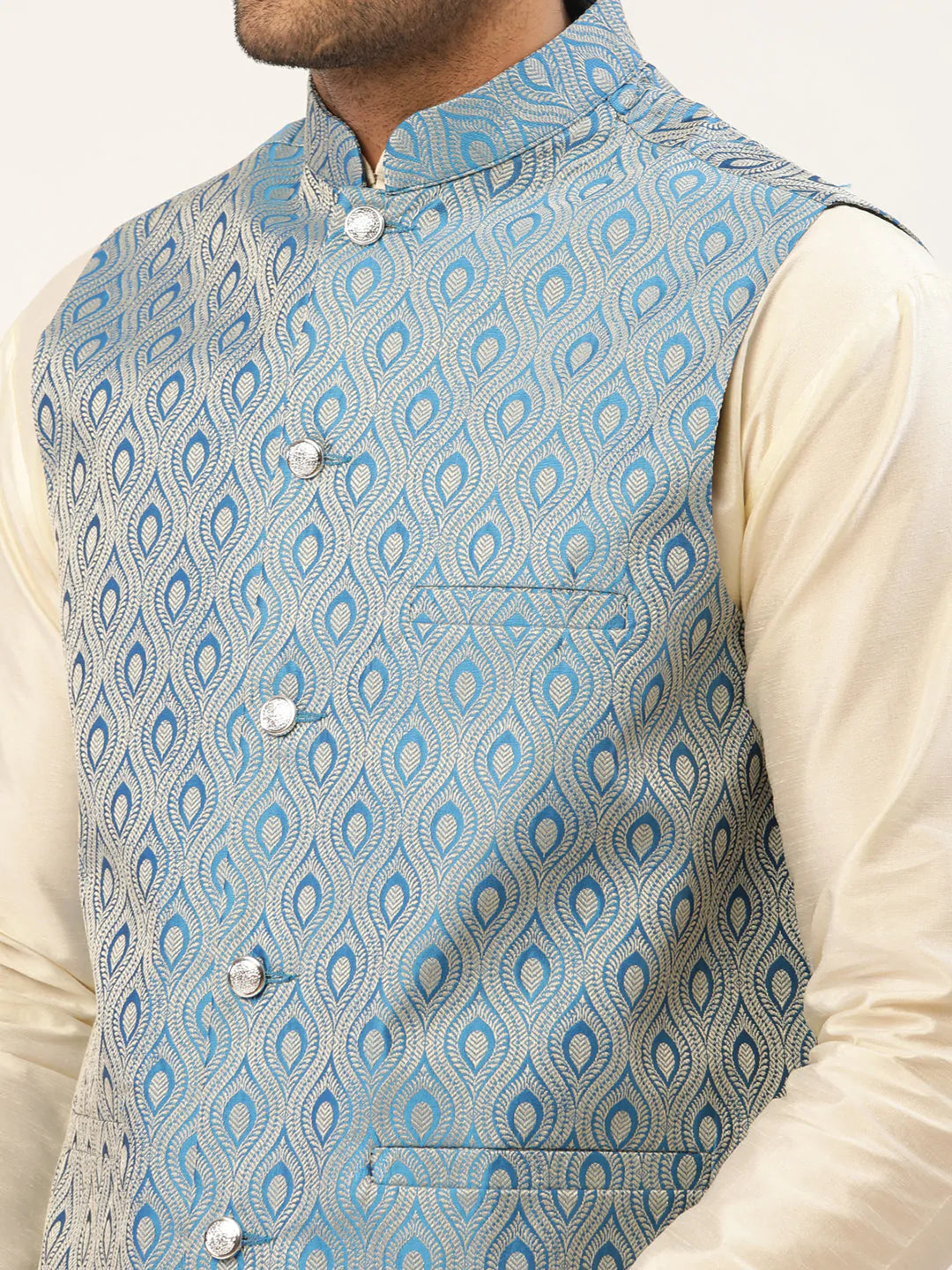 Men's Sky Blue Woven Design Nehru Jacket ( JOWC 4006 Sky ) - Virat Fashions
