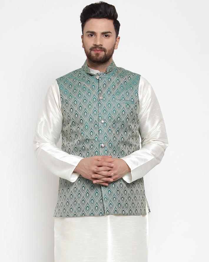 Men's Green Woven Design Nehru Jacket ( JOWC 4006 Green) - Virat Fashions