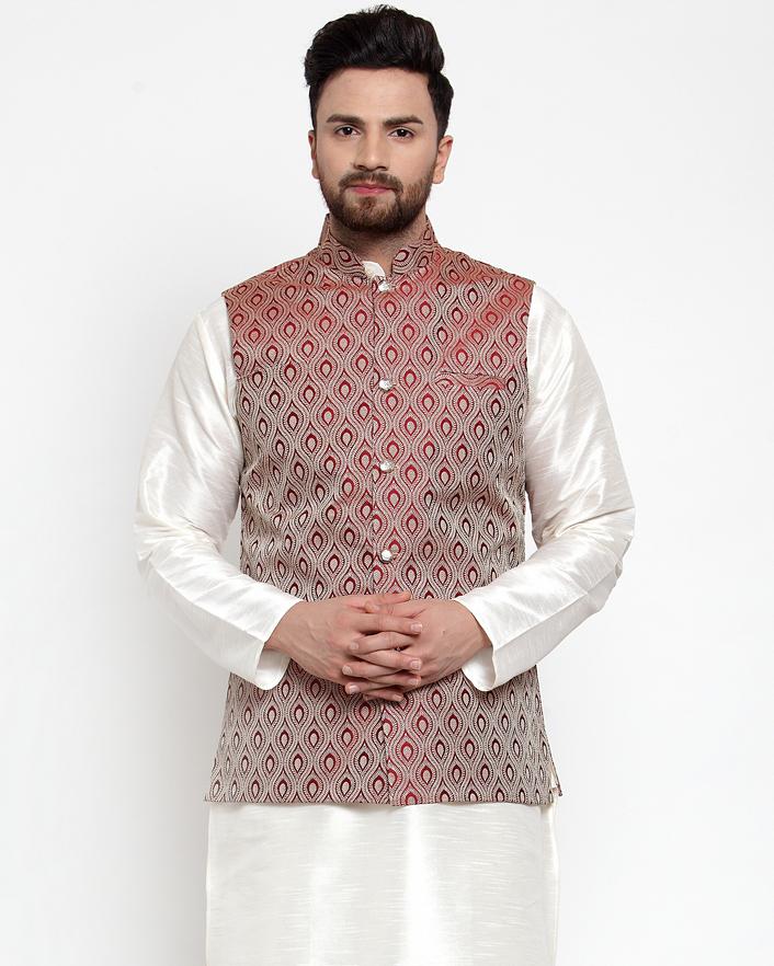 Men's Maroon Woven Design Nehru Jacket ( JOWC 4006 Maroon) - Virat Fashions