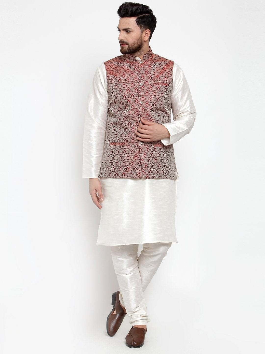 Men's Maroon Woven Design Nehru Jacket ( JOWC 4006 Maroon) - Virat Fashions