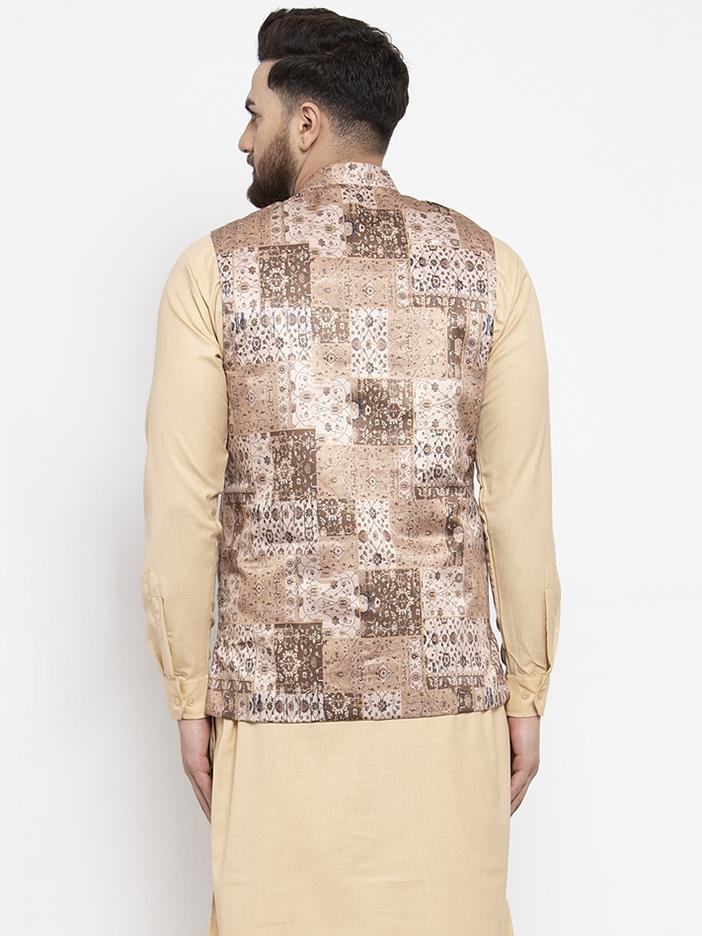 Men's Beige Printed Satin Nehru Jacket ( JOWC 4007 Beige) - Virat Fashions