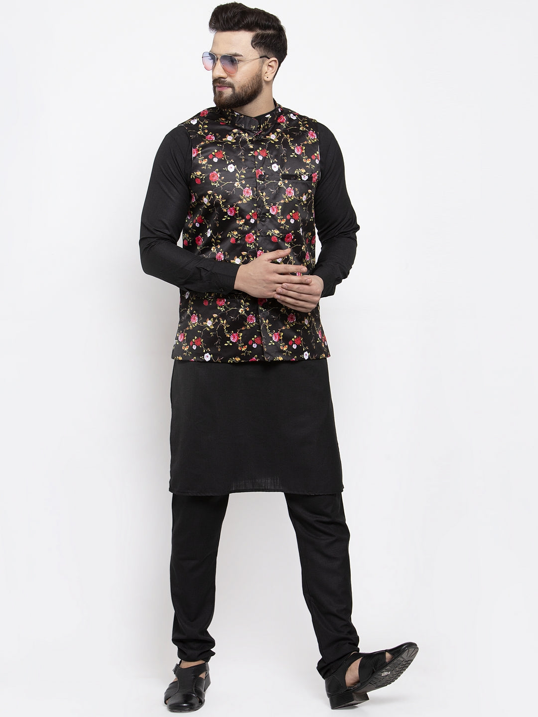 Men's Black Printed Nehru Jacket ( JOWC 4007Black ) - Virat Fashions