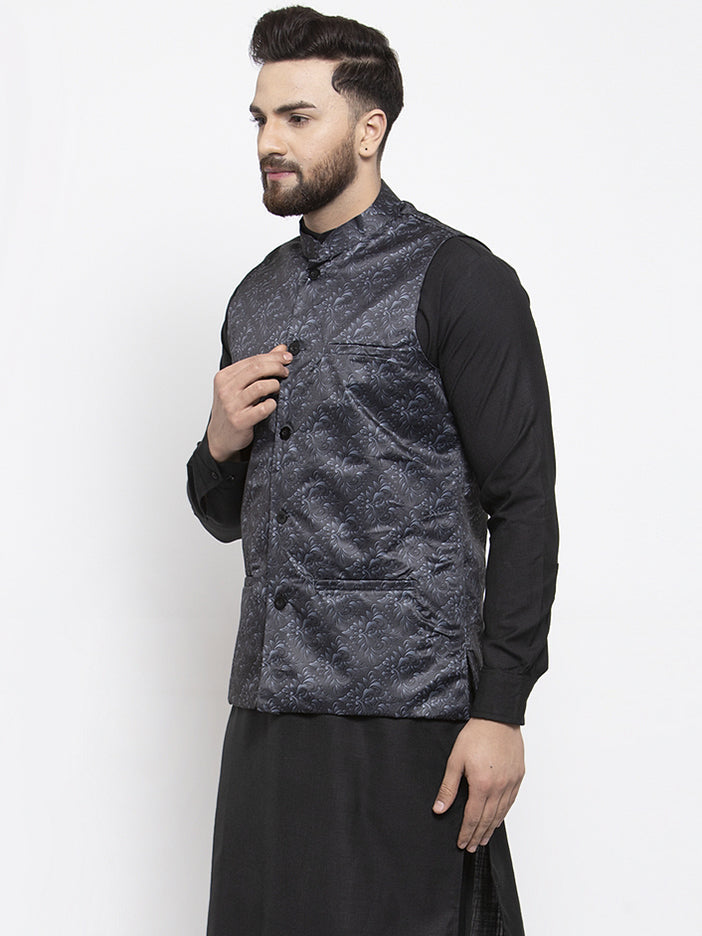 Men's Grey Printed Nehru Jacket ( JOWC 4007Charcoal ) - Virat Fashions