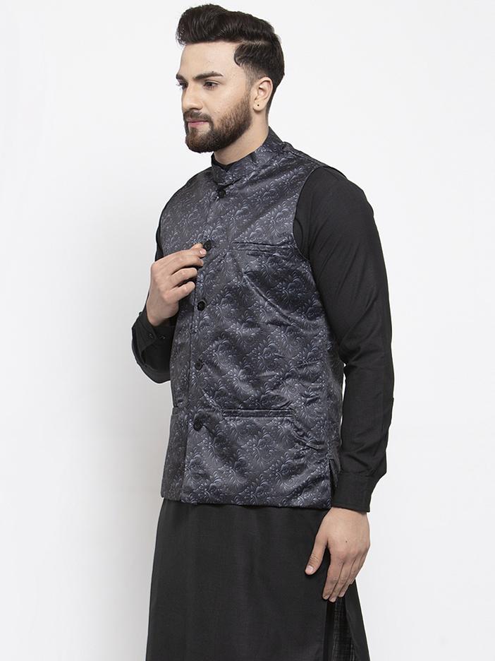 Men's Charcoal Grey Printed Satin Nehru Jacket ( JOWC 4007 Charcoal) - Virat Fashions