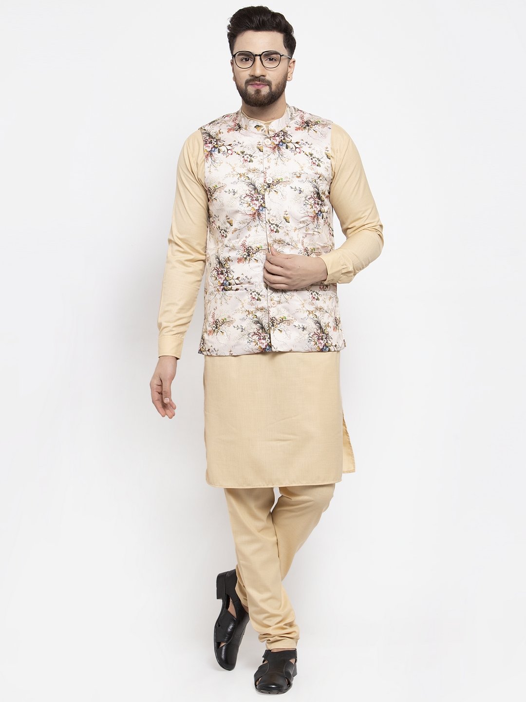 Men's Cream Printed Satin Nehru Jacket ( JOWC 4007  Cream ) - Virat Fashions