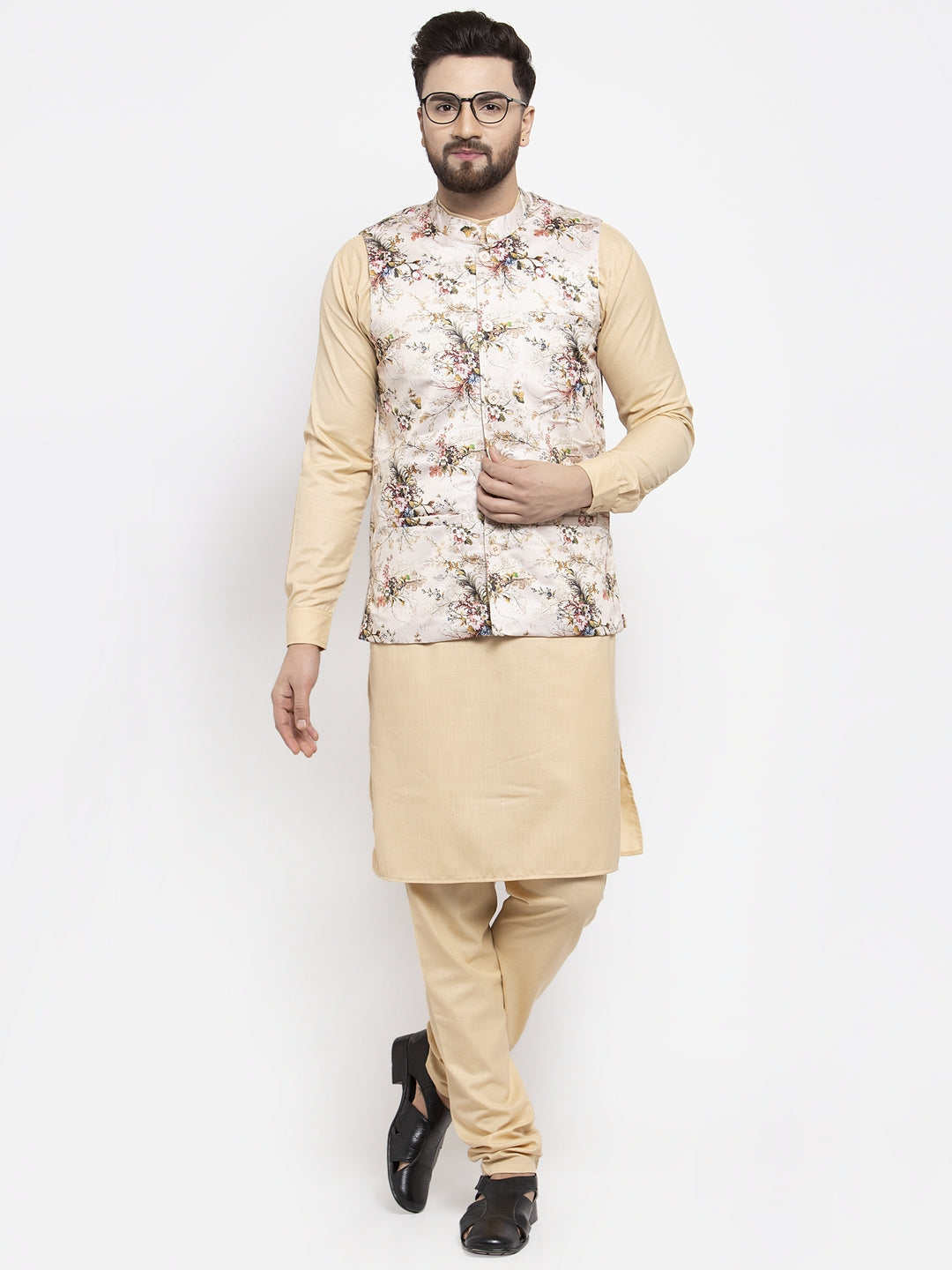 Men's Cream Printed Nehru Jacket ( JOWC 4007Cream ) - Virat Fashions