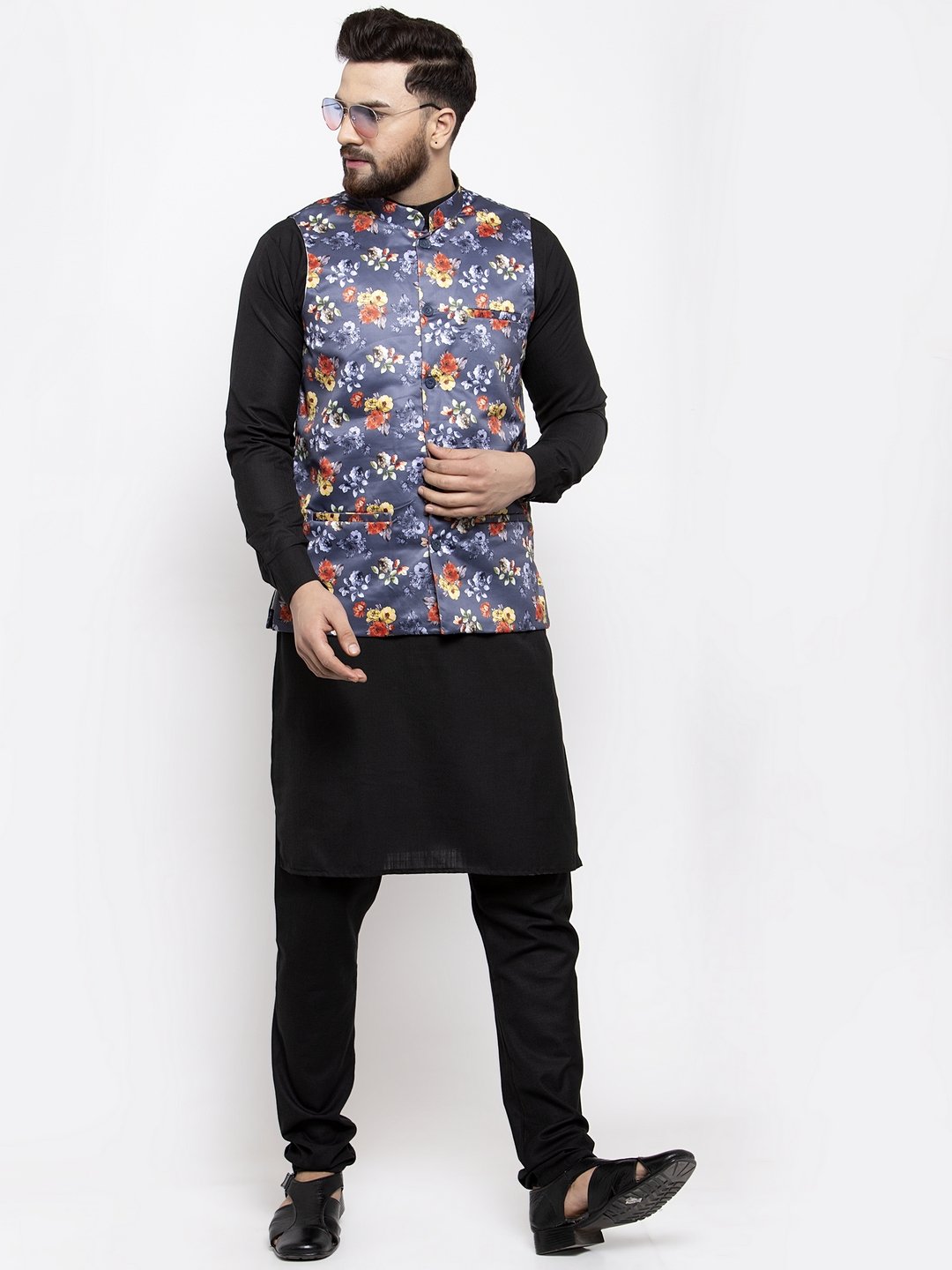 Men's Grey Printed Satin Nehru Jacket ( JOWC 4007 Grey) - Virat Fashions