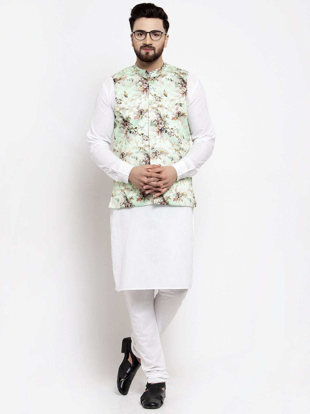 Men's Lime-Green Printed Satin Nehru Jacket ( JOWC 4007 Lime) - Virat Fashions
