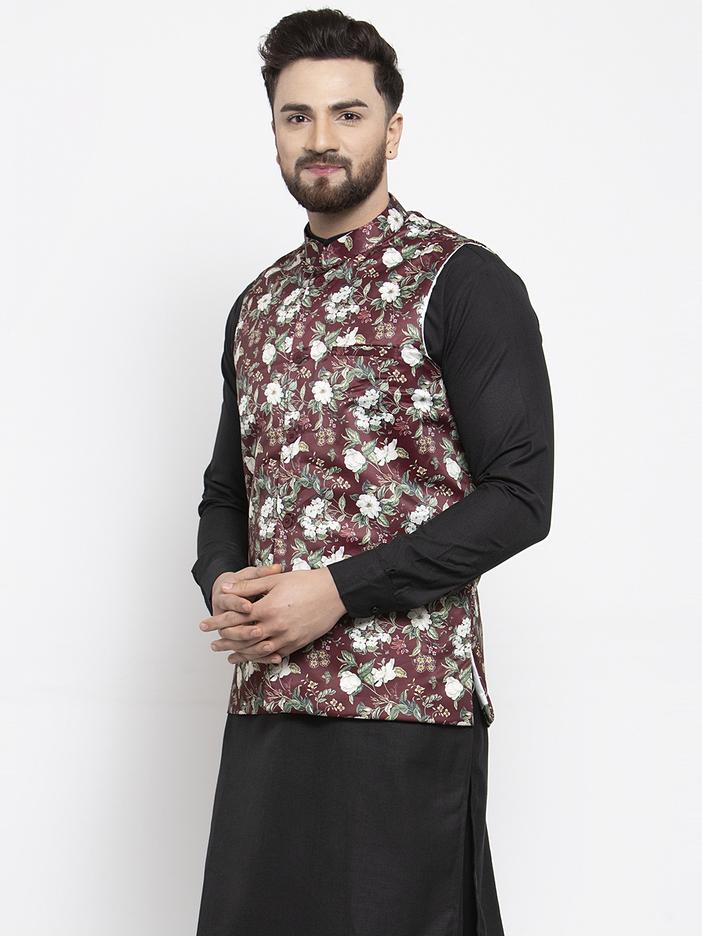 Men's Maroon Printed Satin Nehru Jacket ( JOWC 4007 Maroon) - Virat Fashions
