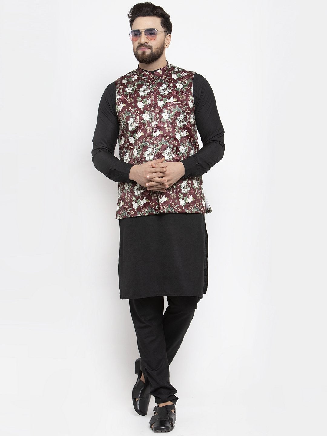 Men's Maroon Printed Satin Nehru Jacket ( JOWC 4007 Maroon) - Virat Fashions