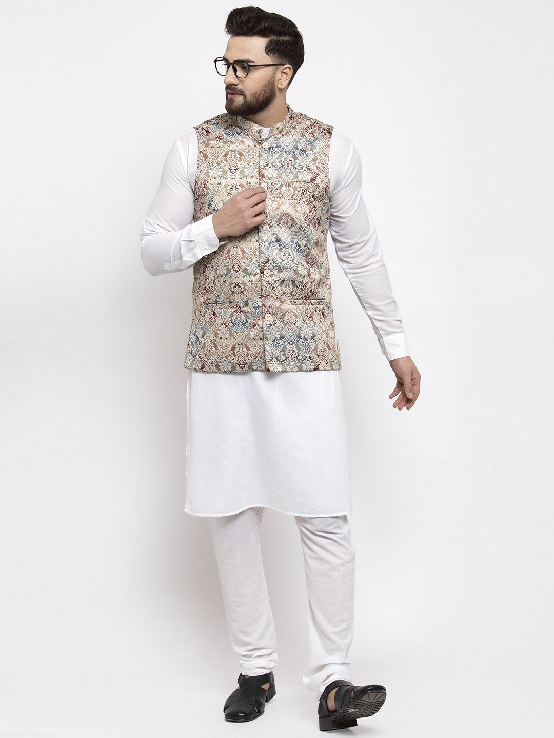 Men's Multicolored Printed Satin Nehru Jacket ( JOWC 4007 Multi) - Virat Fashions
