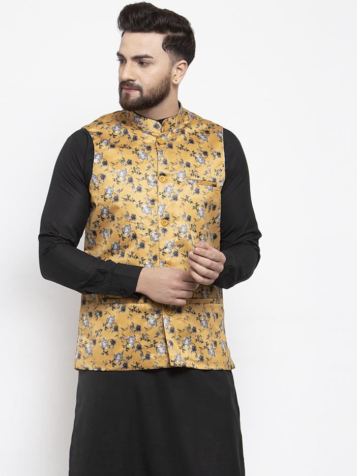 Men's Mustard Printed Satin Nehru Jacket ( JOWC 4007 Mustard) - Virat Fashions