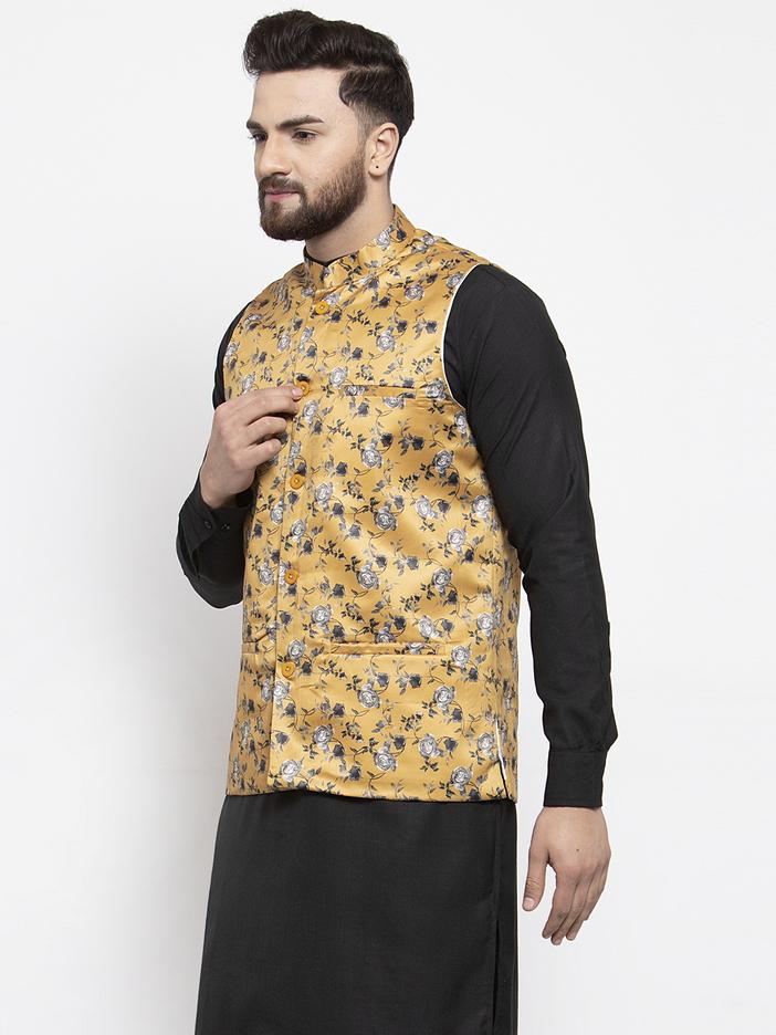 Men's Mustard Printed Satin Nehru Jacket ( JOWC 4007 Mustard) - Virat Fashions