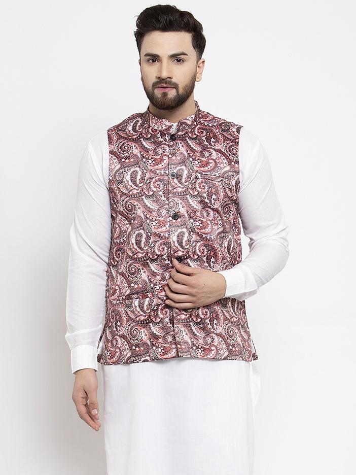 Men's Pink Printed Satin Nehru Jacket ( JOWC 4007 Pink) - Virat Fashions