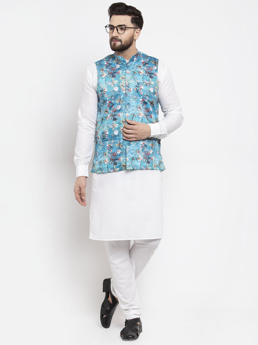 Men's Sky-Blue Printed Satin Nehru Jacket ( JOWC 4007 Sky) - Virat Fashions